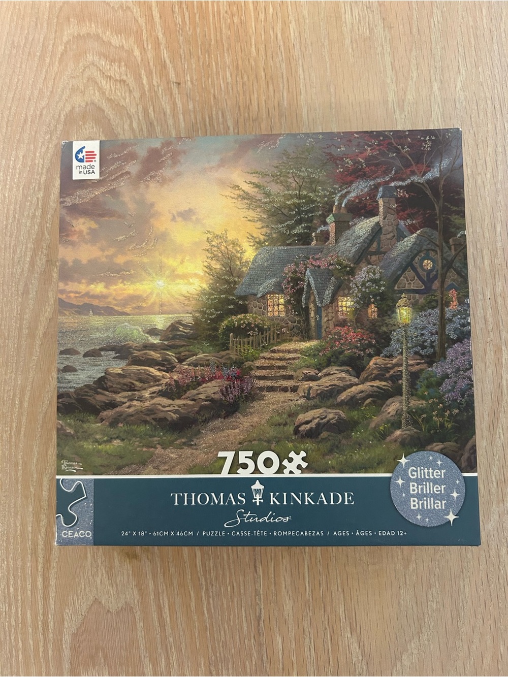 Glitter Thomas Kinkade Seaside Cottage at Sunset - Yellow, Blue, Green, Purple